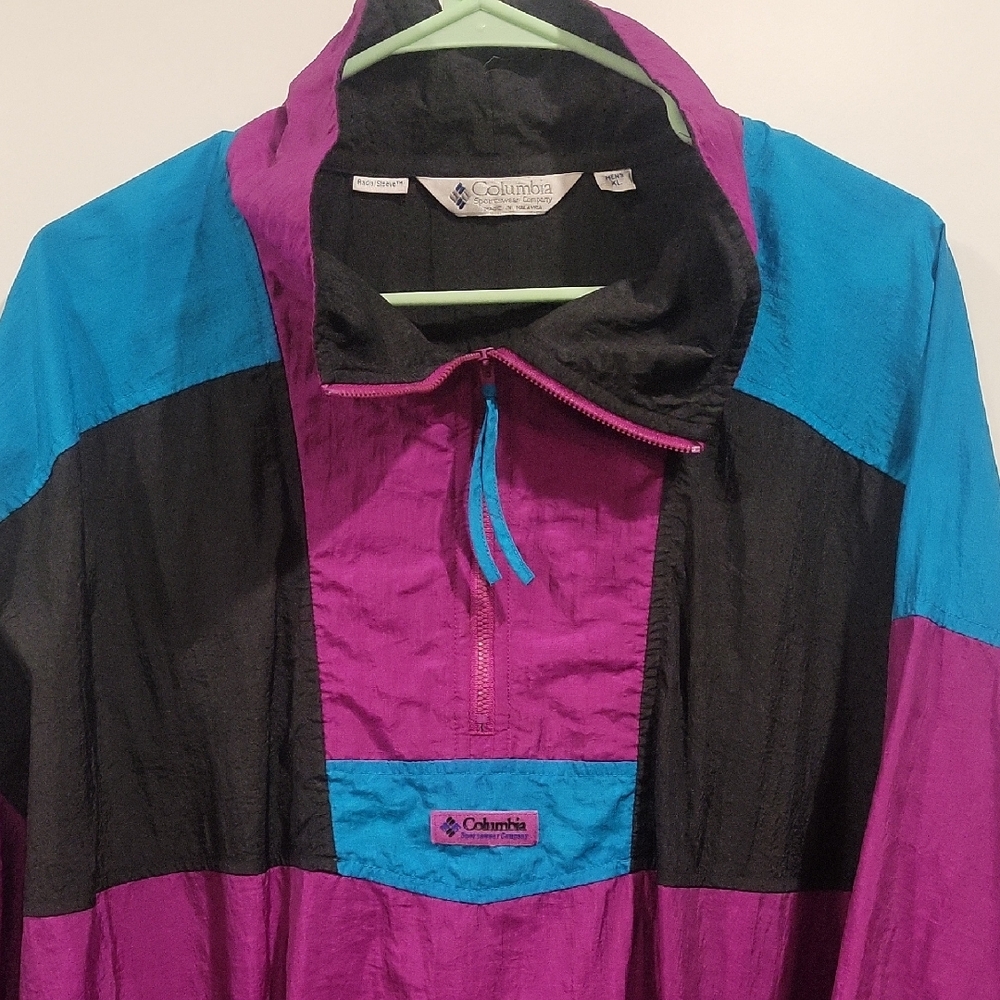Vintage Columbia Retro Colorblock Jacket - Purple, Teal, Black Windbreaker.